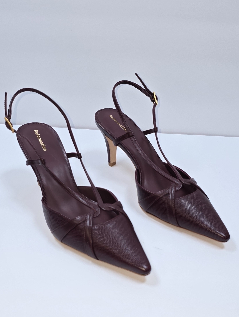 Reformation Patty Slingback Burgundy Embossed Leather Pointed Toe Heels Sz 7.5 - Picture 9 of 15